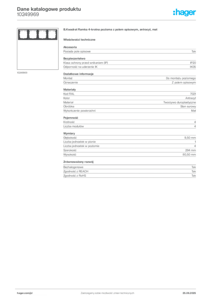 Zdjęcie Hager Dane katalogowe produktu 10249969 | Hager Polska