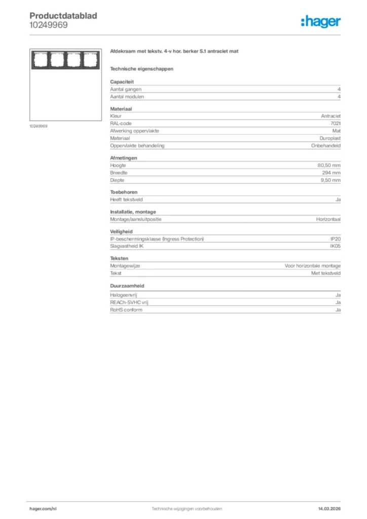 Afbeelding Hager Productdatablad 10249969 | Hager Nederland