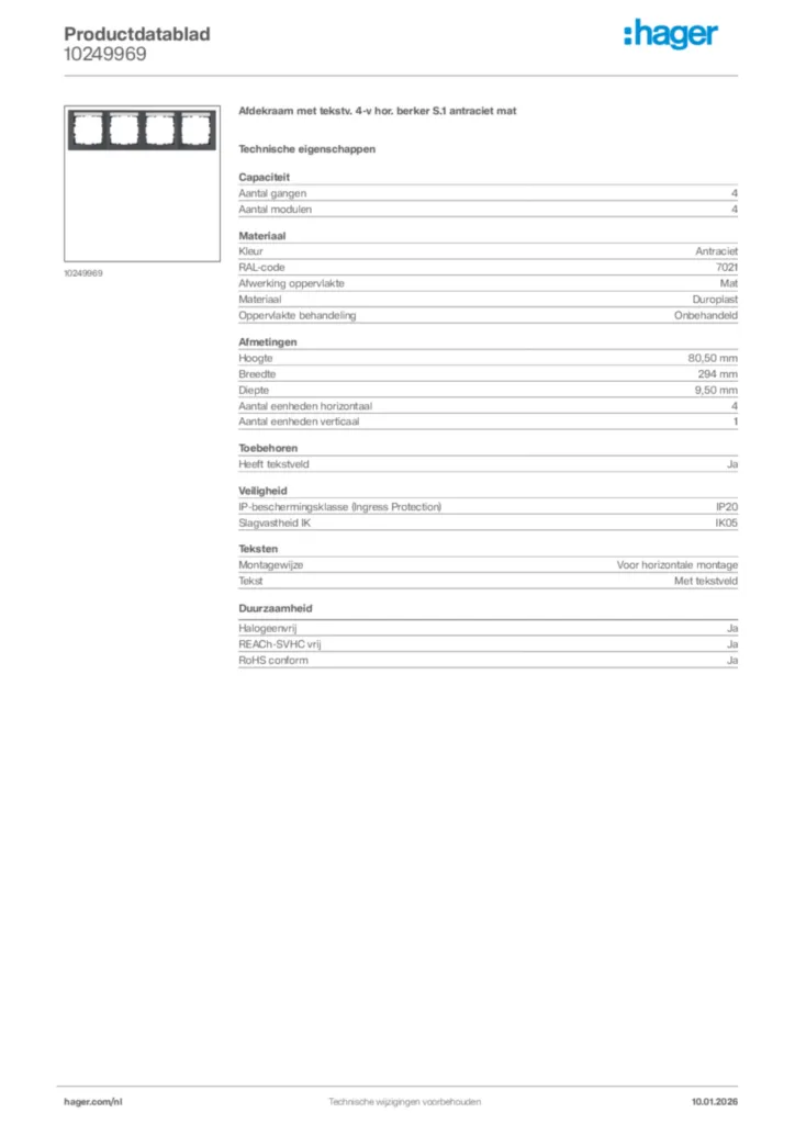 Afbeelding Hager Productdatablad 10249969 | Hager Nederland