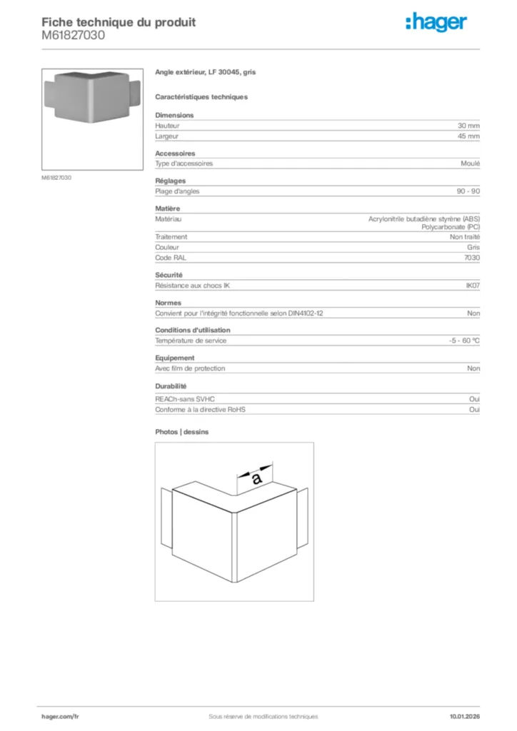 Image Hager Fiche technique du produit M61827030 | Hager France