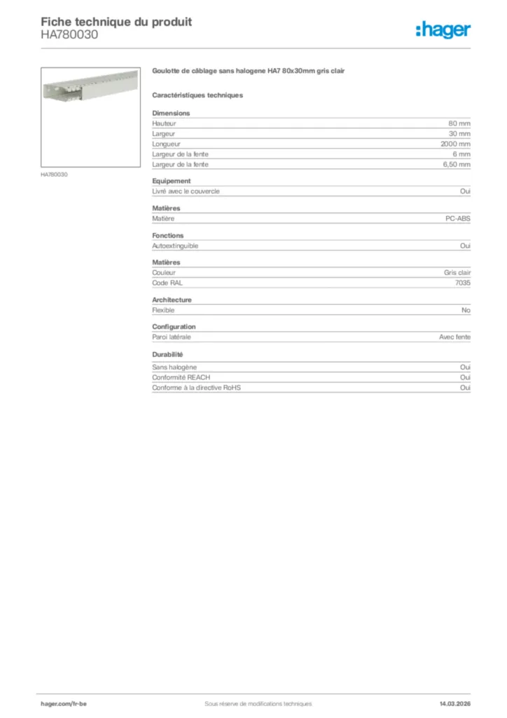 Image Hager Fiche technique du produit HA780030 | Hager Belgique