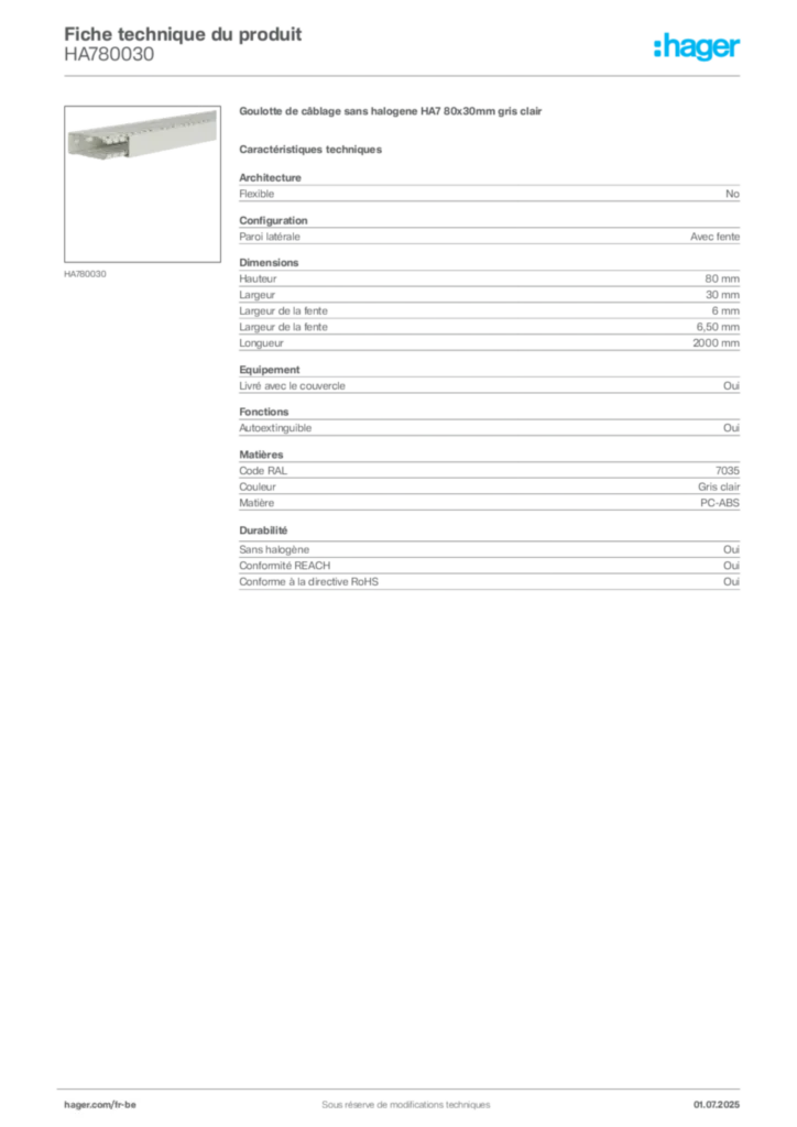 Image Hager Fiche technique du produit HA780030 | Hager Belgique