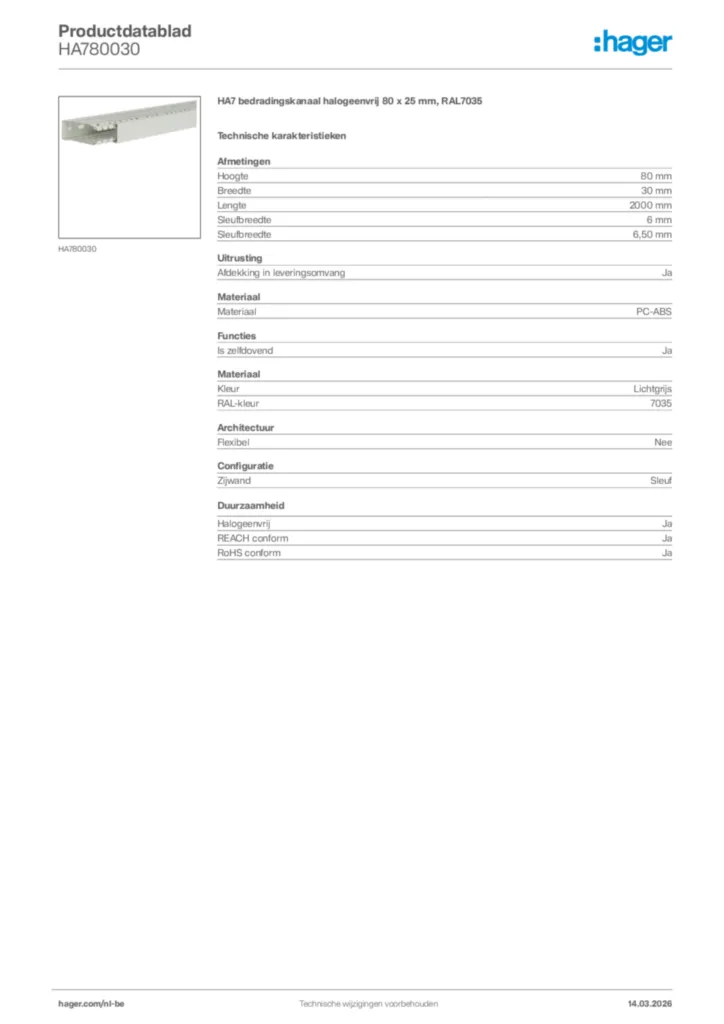 Afbeelding Hager Productdatablad HA780030 | Hager Belgium
