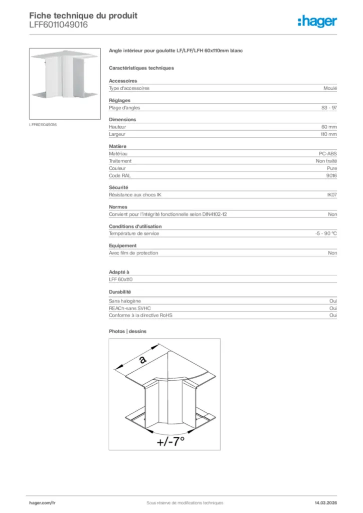 Image Hager Fiche technique du produit LFF6011049016 | Hager France