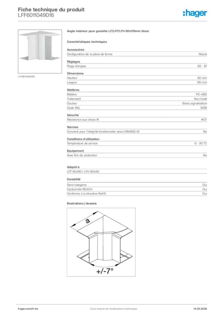 Image Hager Fiche technique du produit LFF6011049016 | Hager Belgique