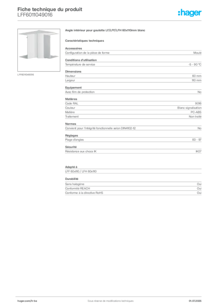 Image Hager Fiche technique du produit LFF6011049016 | Hager Belgique