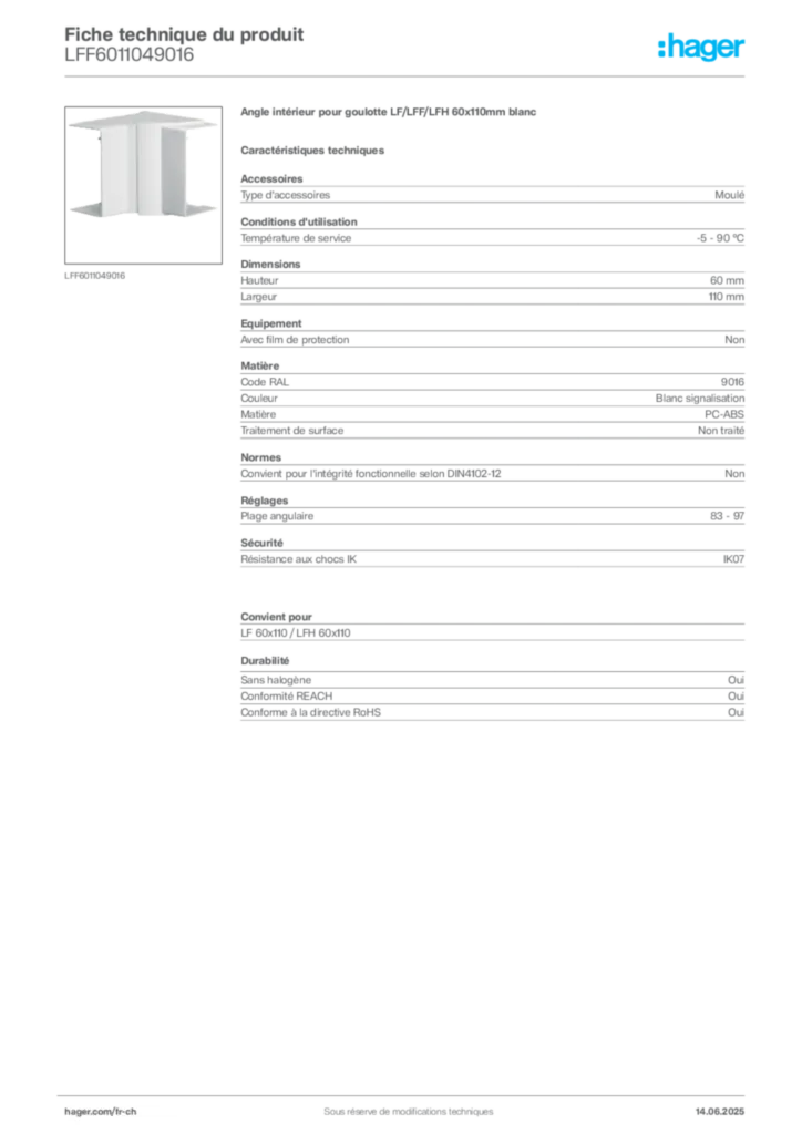 Image Hager Fiche technique du produit LFF6011049016 | Hager Suisse