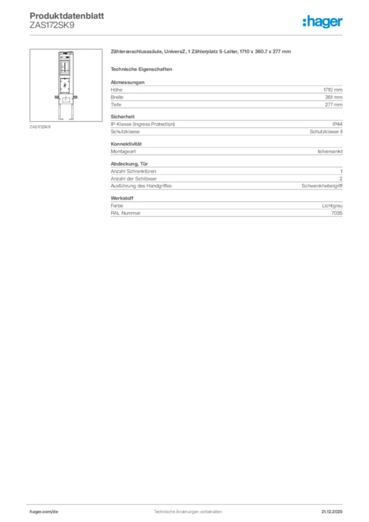 Bild Hager Produktdatenblatt ZAS172SK9 | Hager Deutschland