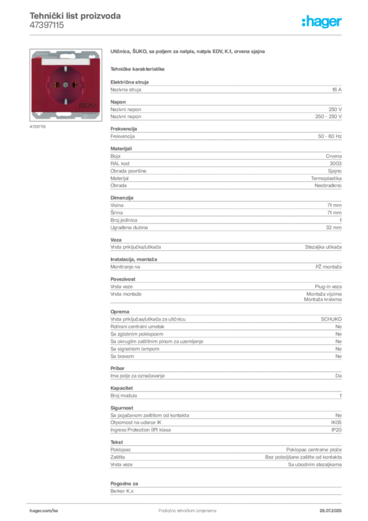 Slika Hager Product data sheet 47397115  | Hager