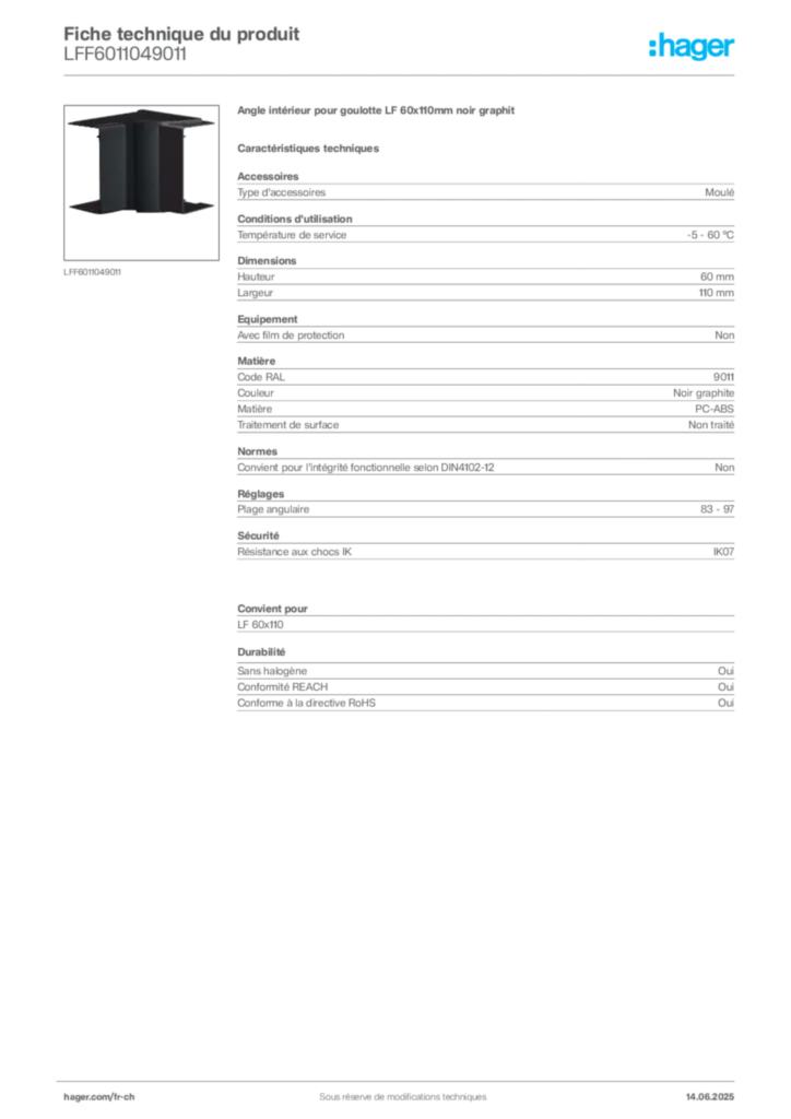 Image Hager Fiche technique du produit LFF6011049011 | Hager Suisse