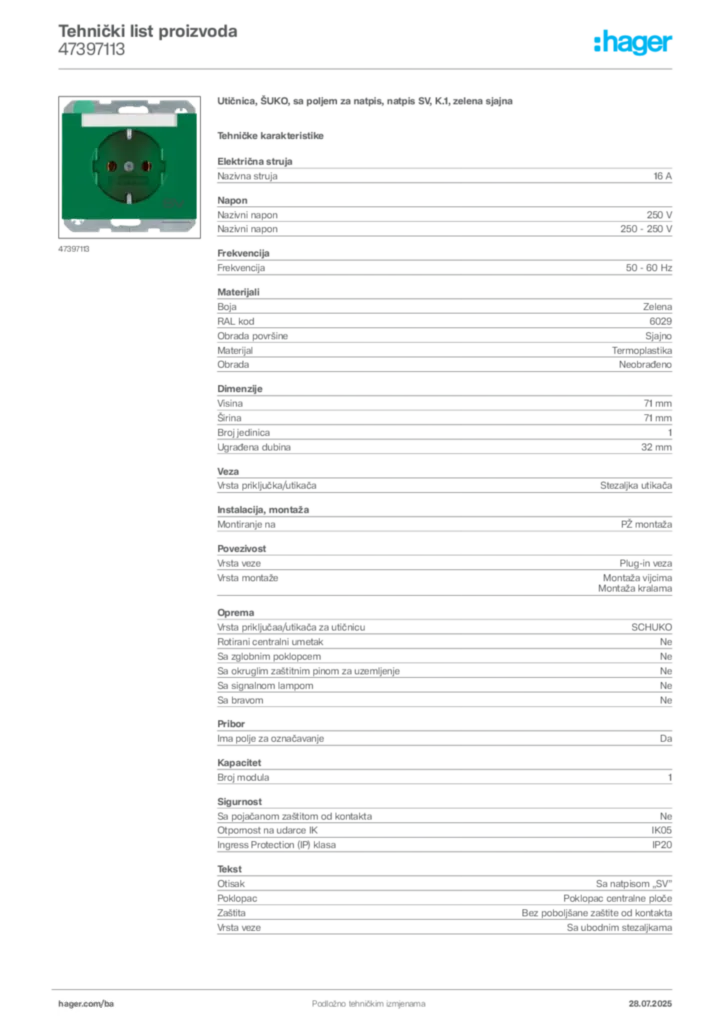Slika Hager Product data sheet 47397113  | Hager