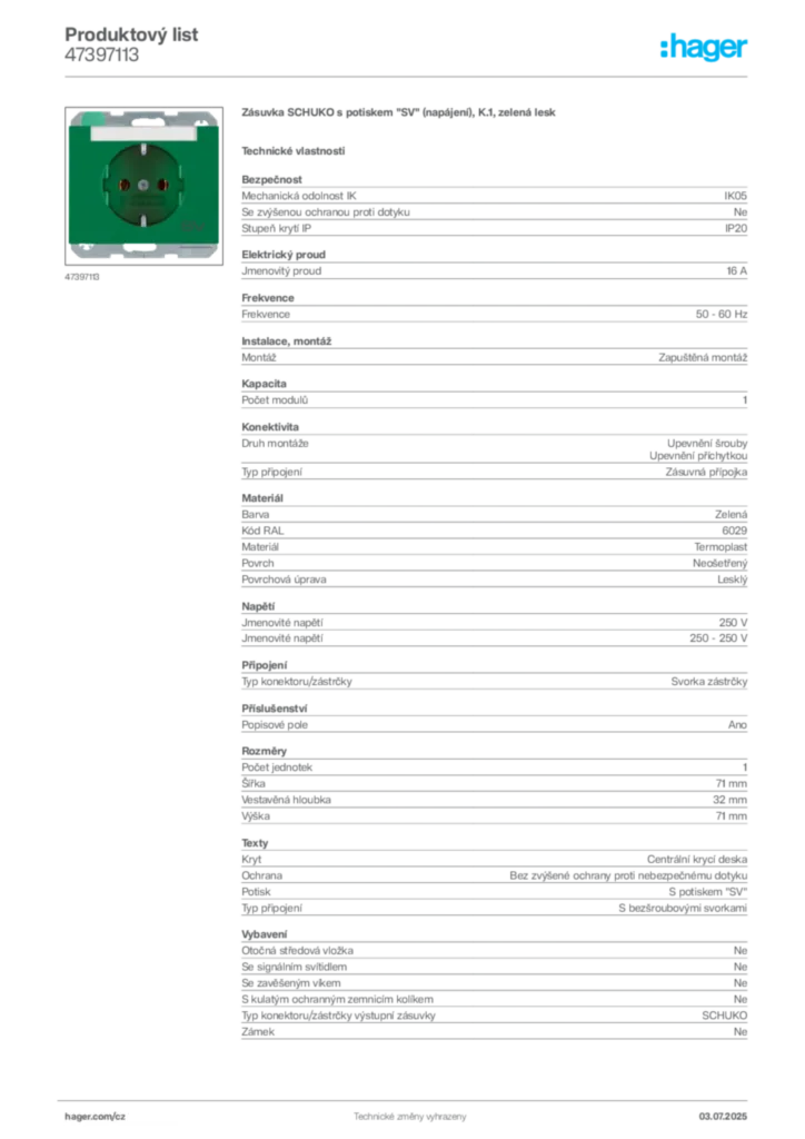 Obrázek Hager Produktový list 47397113 | Hager