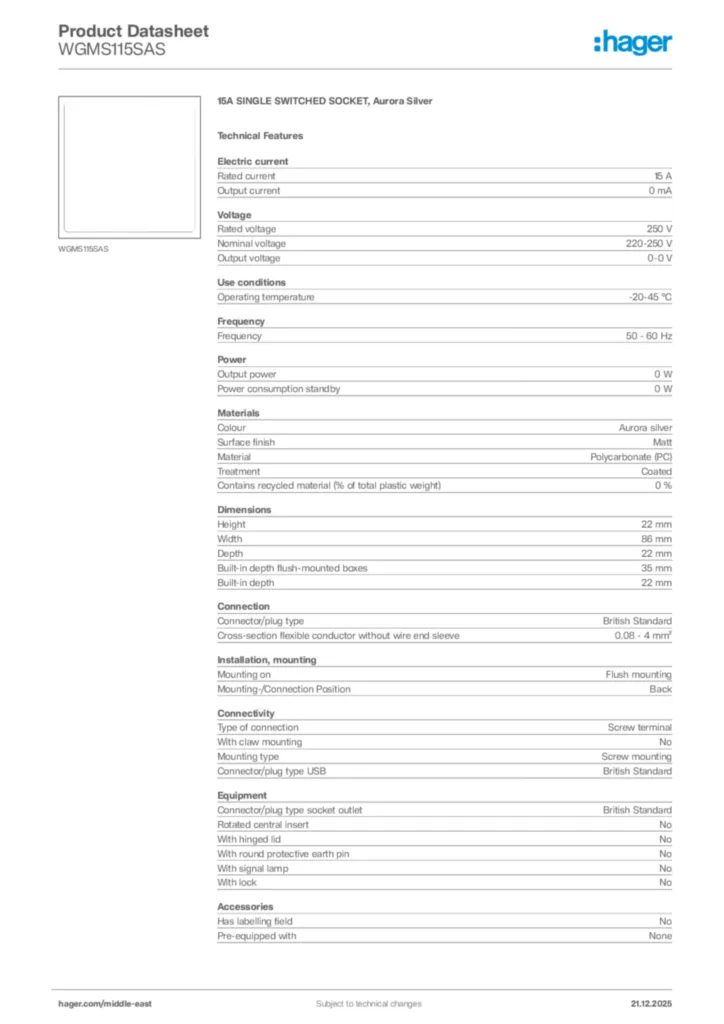 Image Hager Product data sheet WGMS115SAS  | Hager