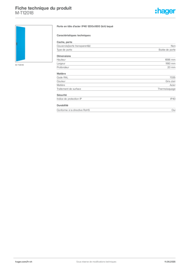 Image Hager Fiche technique du produit M-T12018 | Hager Suisse
