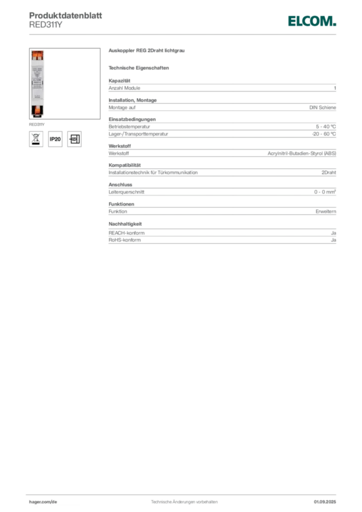 Bild Elcom Produktdatenblatt RED311Y | Hager Deutschland