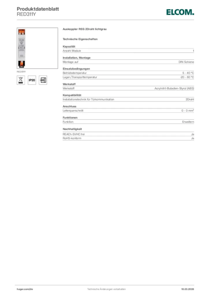 Bild Elcom Produktdatenblatt RED311Y | Hager Deutschland
