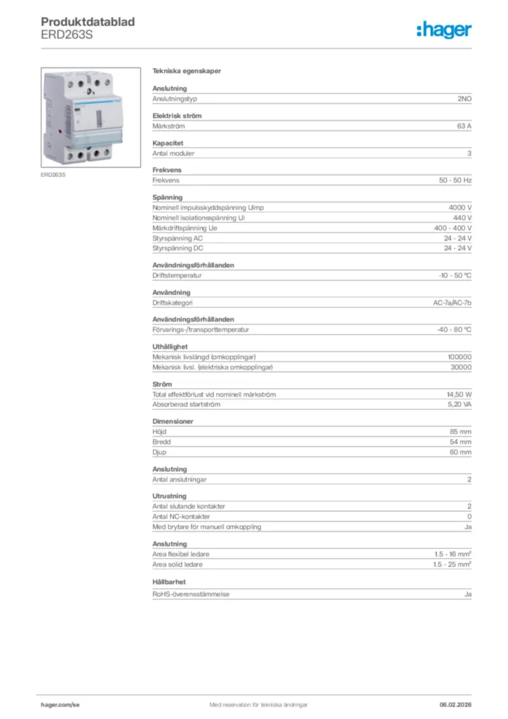 Bild Hager Produktdatablad ERD263S | Hager Sverige