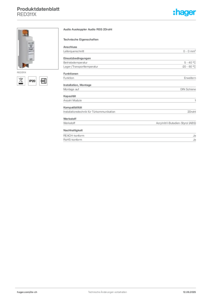 Bild Hager Produktdatenblatt RED311X | Hager Schweiz