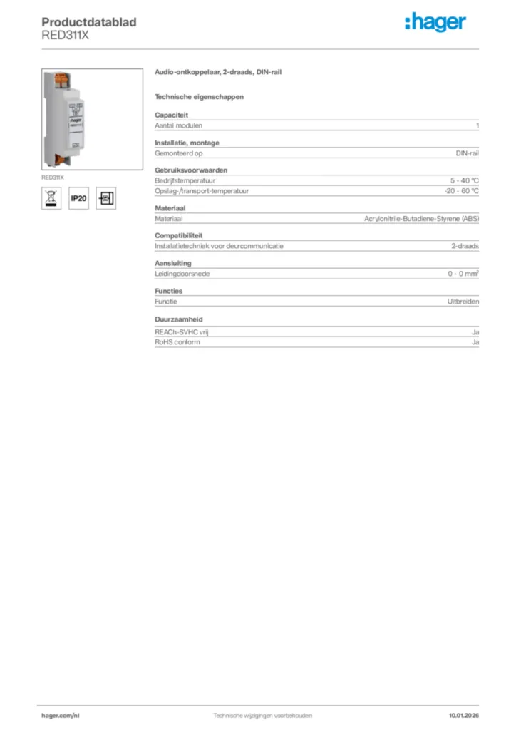 Afbeelding Hager Productdatablad RED311X | Hager Nederland