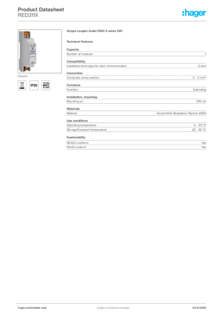 Image Hager Product data sheet RED311X  | Hager