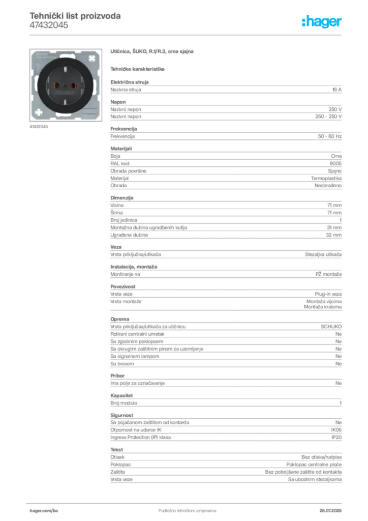 Slika Hager Product data sheet 47432045  | Hager