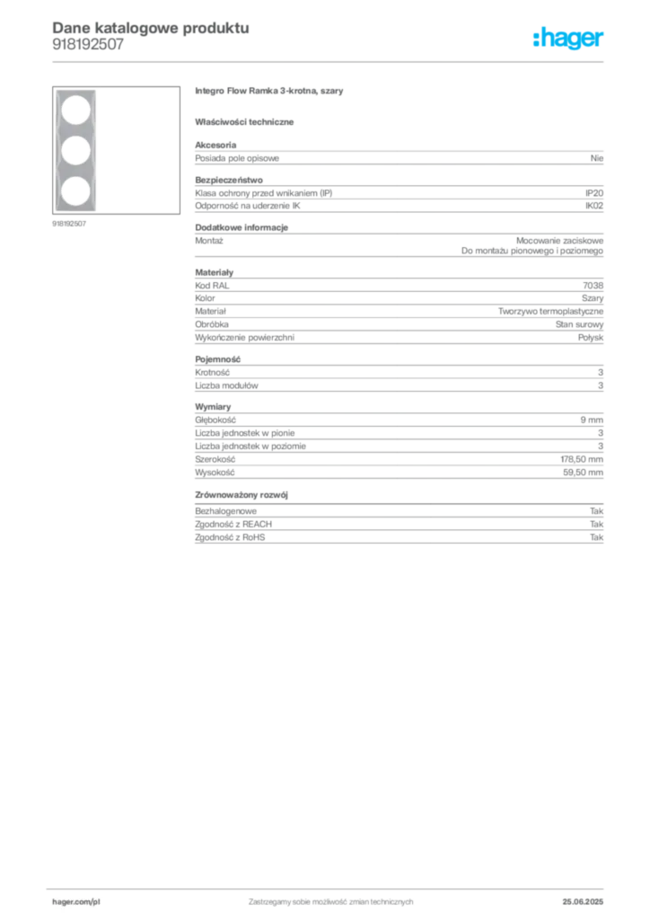 Zdjęcie Hager Dane katalogowe produktu 918192507 | Hager Polska