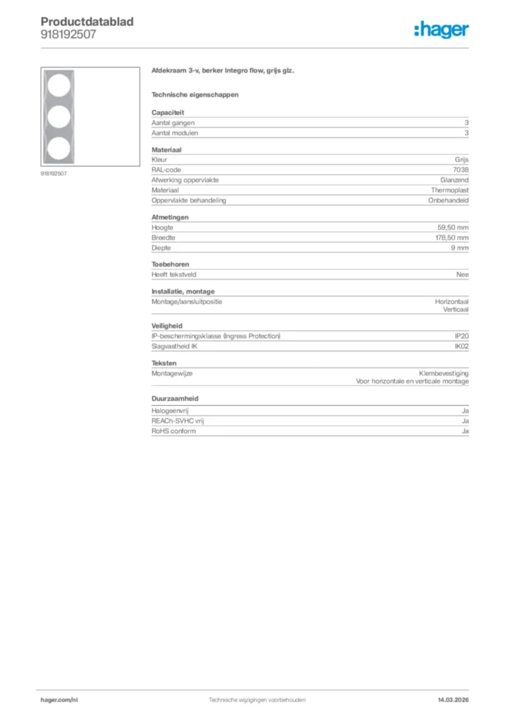 Afbeelding Hager Productdatablad 918192507 | Hager Nederland