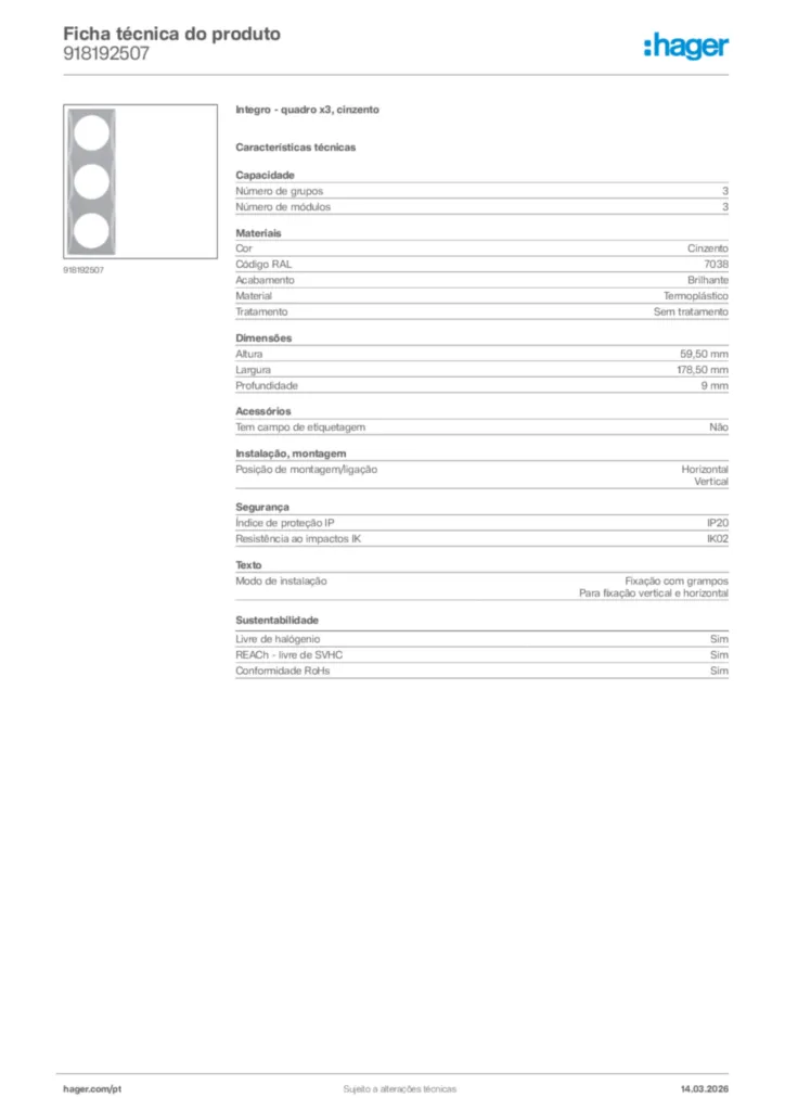 Imagem Hager Ficha técnica do produto 918192507 | Hager Portugal