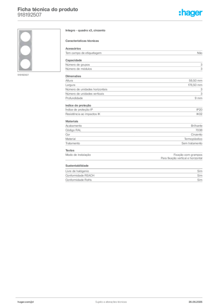 Imagem Hager Ficha técnica do produto 918192507 | Hager Portugal