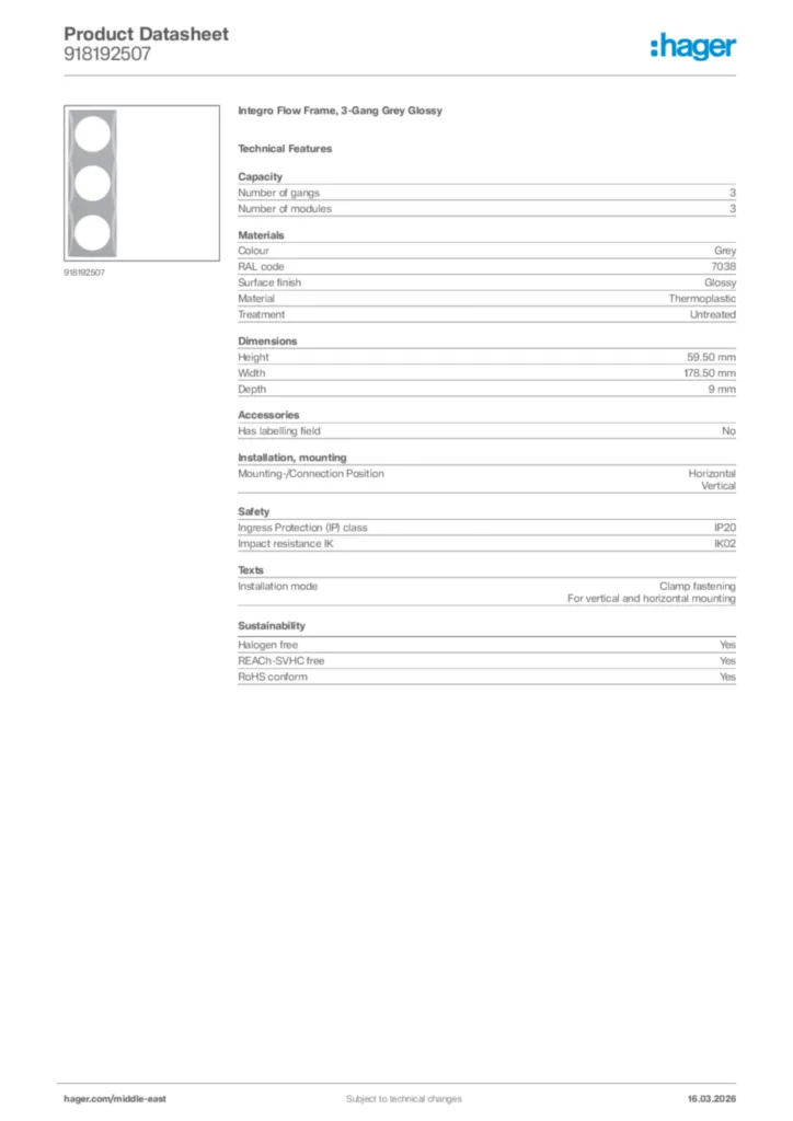 Image Hager Product data sheet 918192507  | Hager