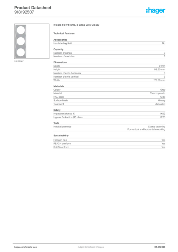 Image Hager Product data sheet 918192507  | Hager