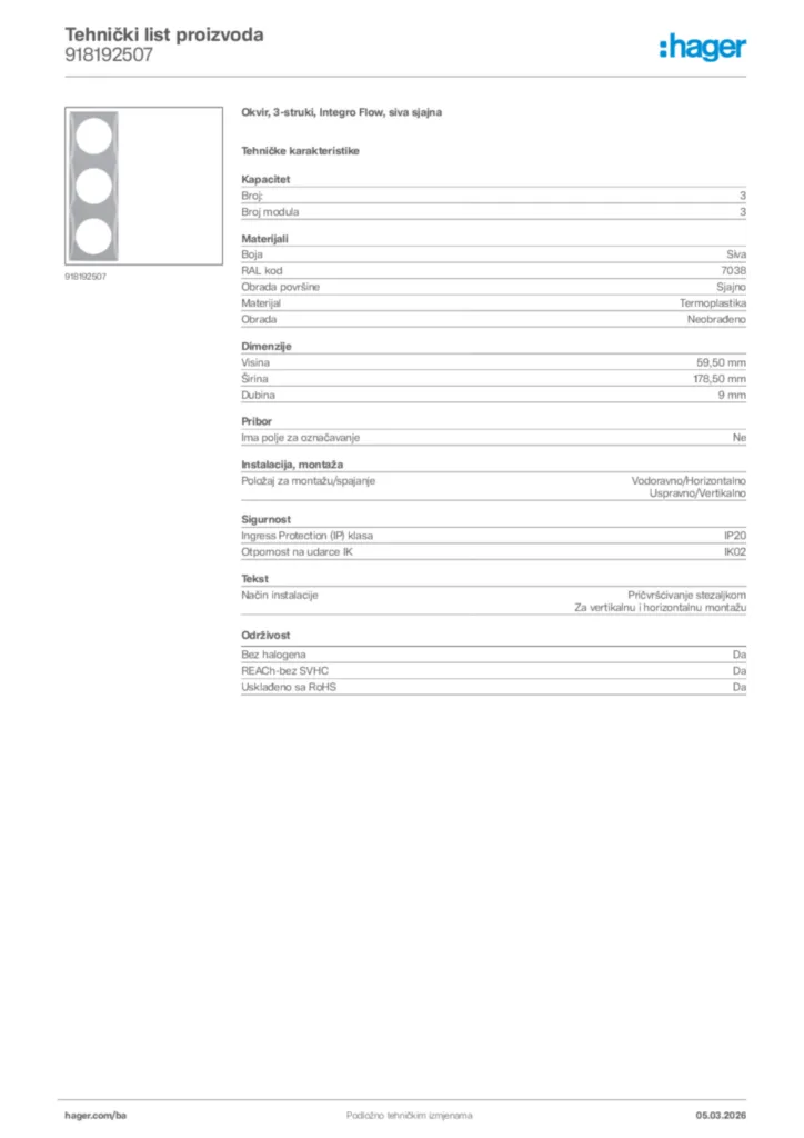 Slika Hager Tehnički list proizvoda 918192507  | Hager