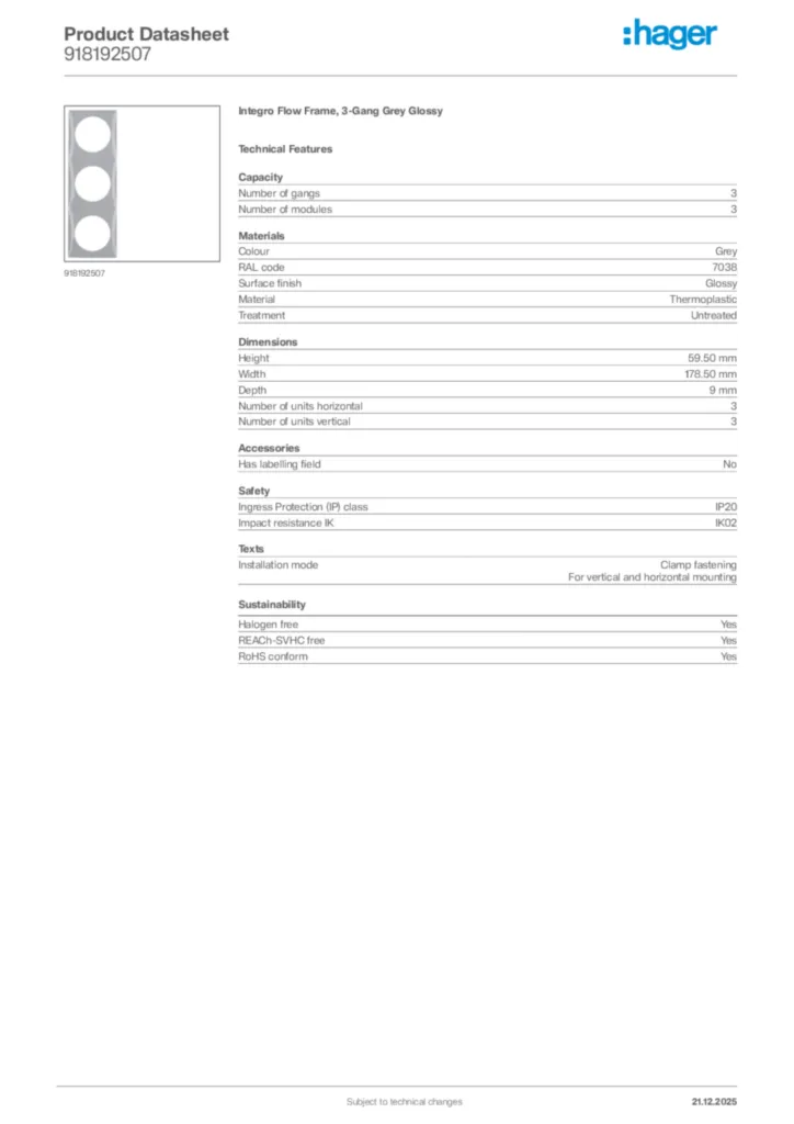 Image Hager Product data sheet 918192507  | Hager