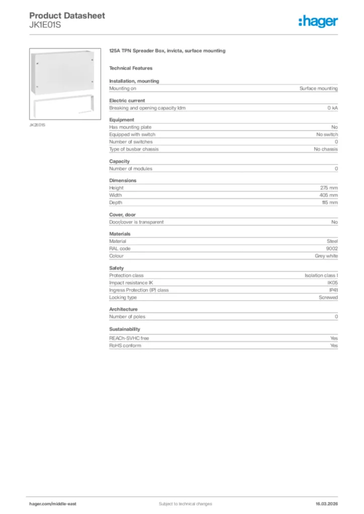 Image Hager Product data sheet JK1E01S  | Hager
