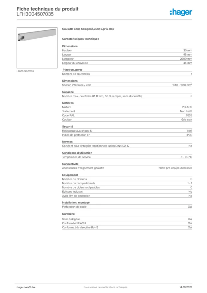 Image Hager Fiche technique du produit LFH3004507035 | Hager Belgique