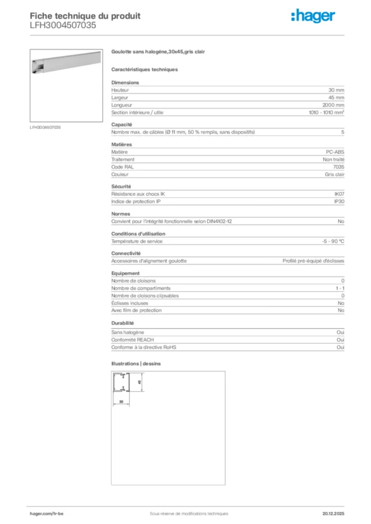 Image Hager Fiche technique du produit LFH3004507035 | Hager Belgique