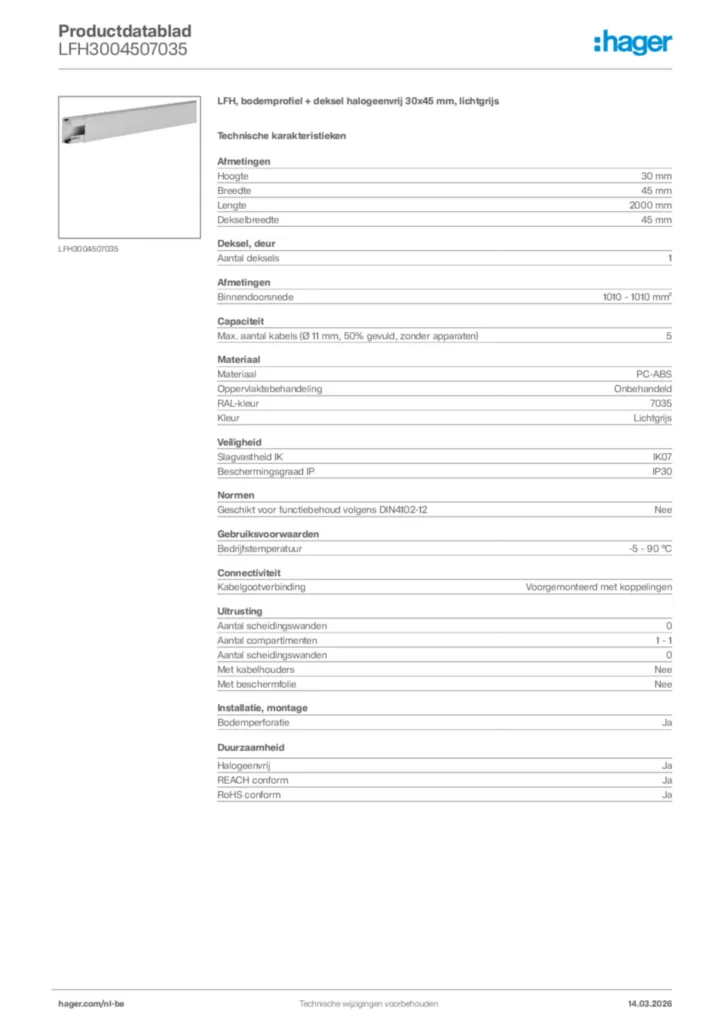 Afbeelding Hager Productdatablad LFH3004507035 | Hager Belgium