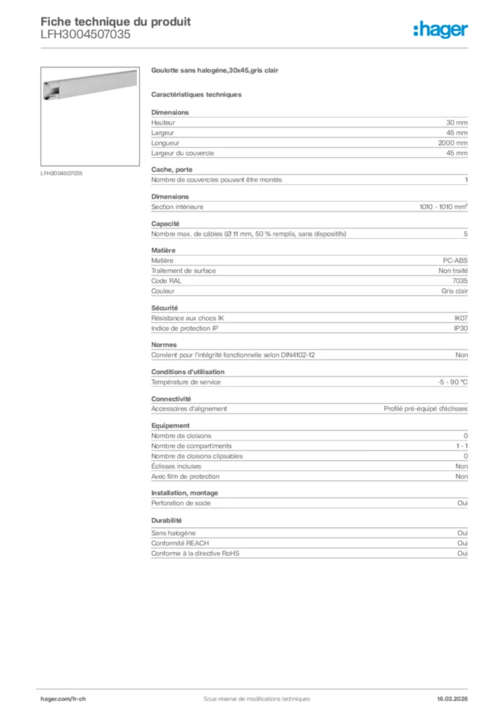 Image Hager Fiche technique du produit LFH3004507035 | Hager Suisse