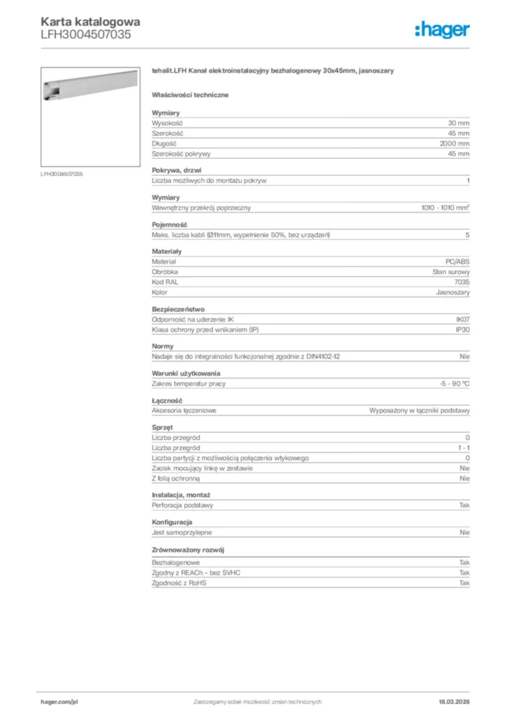 Zdjęcie Hager Karta katalogowa LFH3004507035 | Hager Polska