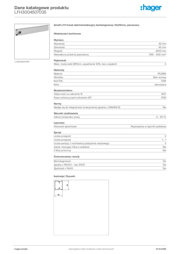 Zdjęcie Hager Dane katalogowe produktu LFH3004507035 | Hager Polska