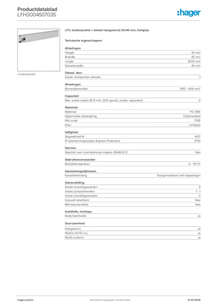 Afbeelding Hager Productdatablad LFH3004507035 | Hager Nederland