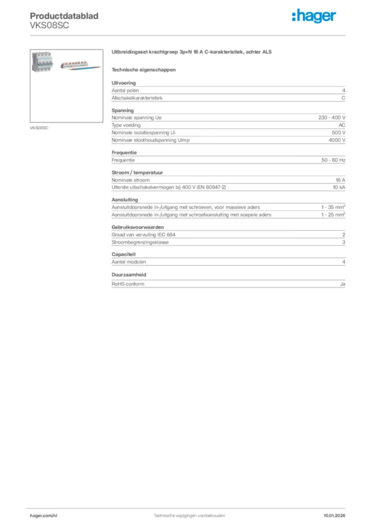 Afbeelding Hager Productdatablad VKS08SC | Hager Nederland