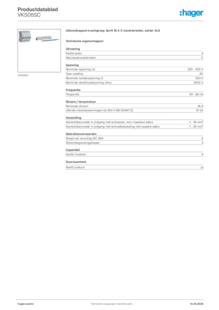 Afbeelding Hager Productdatablad VKS08SC | Hager Nederland