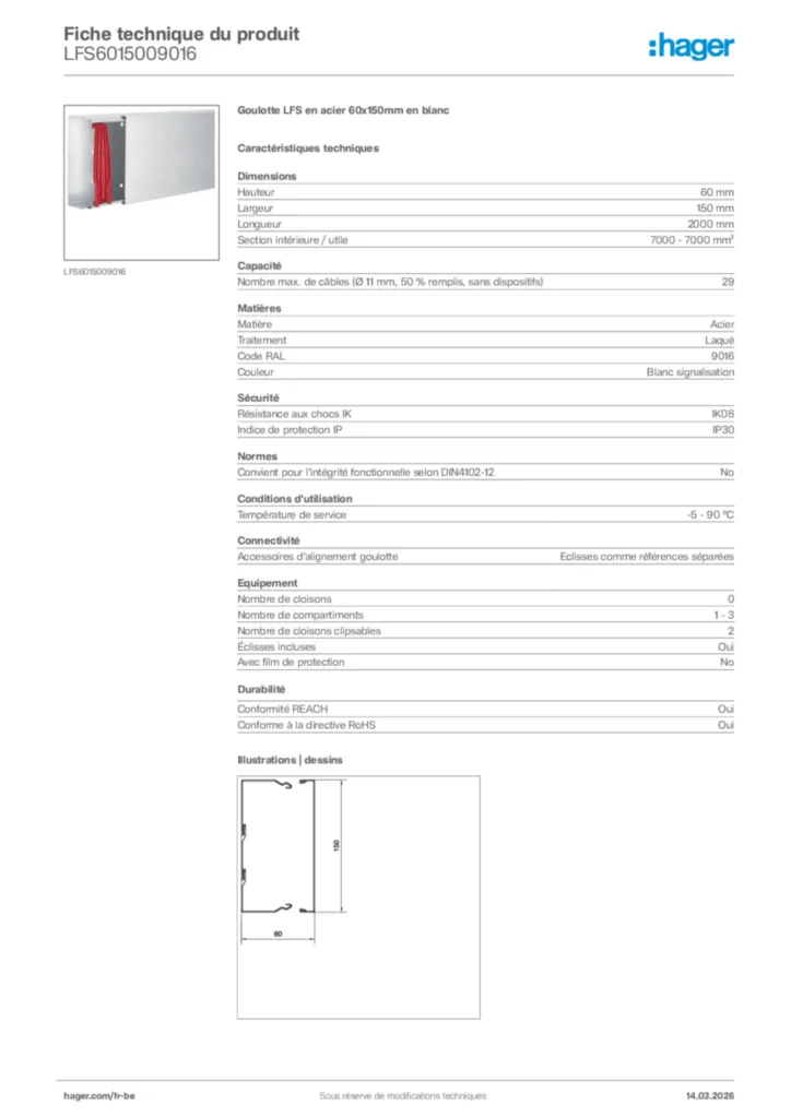 Image Hager Fiche technique du produit LFS6015009016 | Hager Belgique