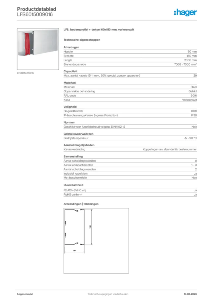 Afbeelding Hager Productdatablad LFS6015009016 | Hager Nederland