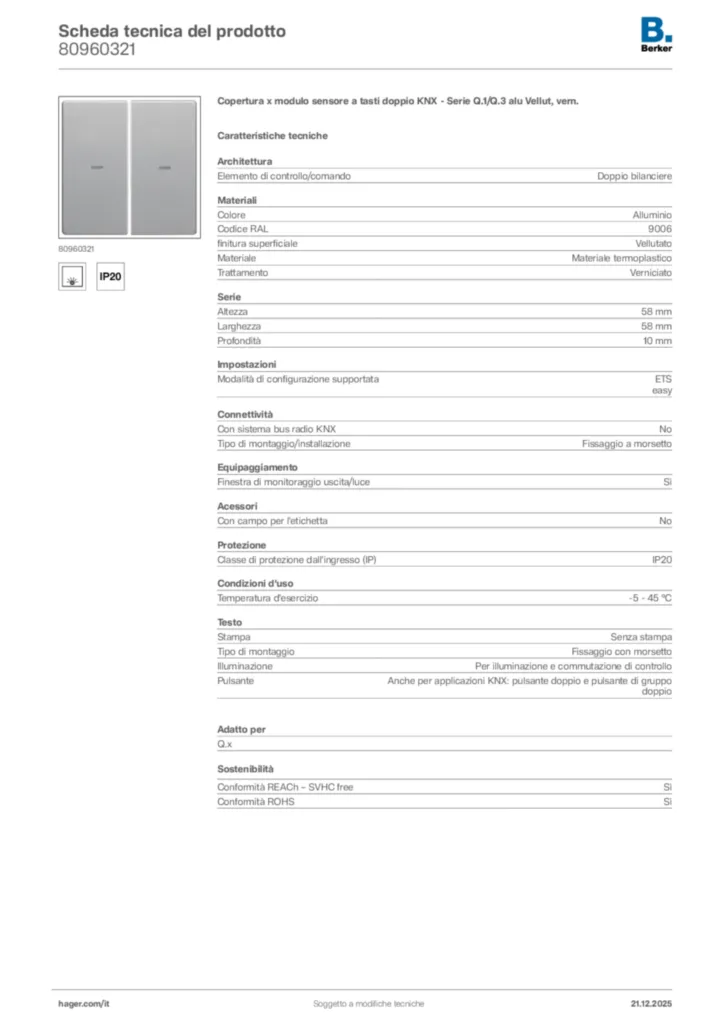 Immagine Berker Scheda tecnica del prodotto 80960321 | Hager Italia