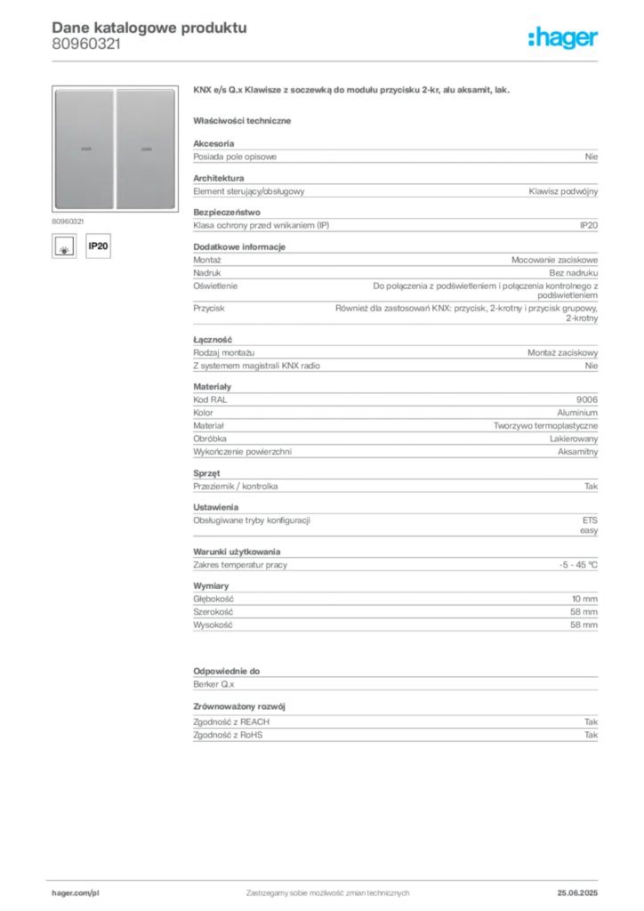 Zdjęcie Hager Dane katalogowe produktu 80960321 | Hager Polska