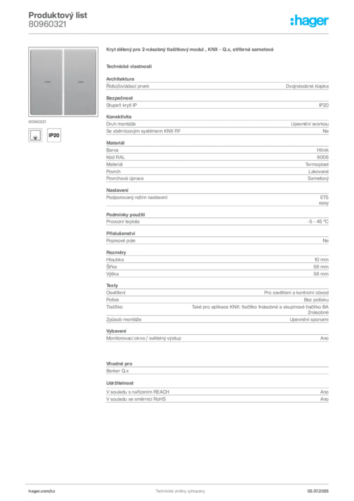 Obrázek Hager Produktový list 80960321 | Hager