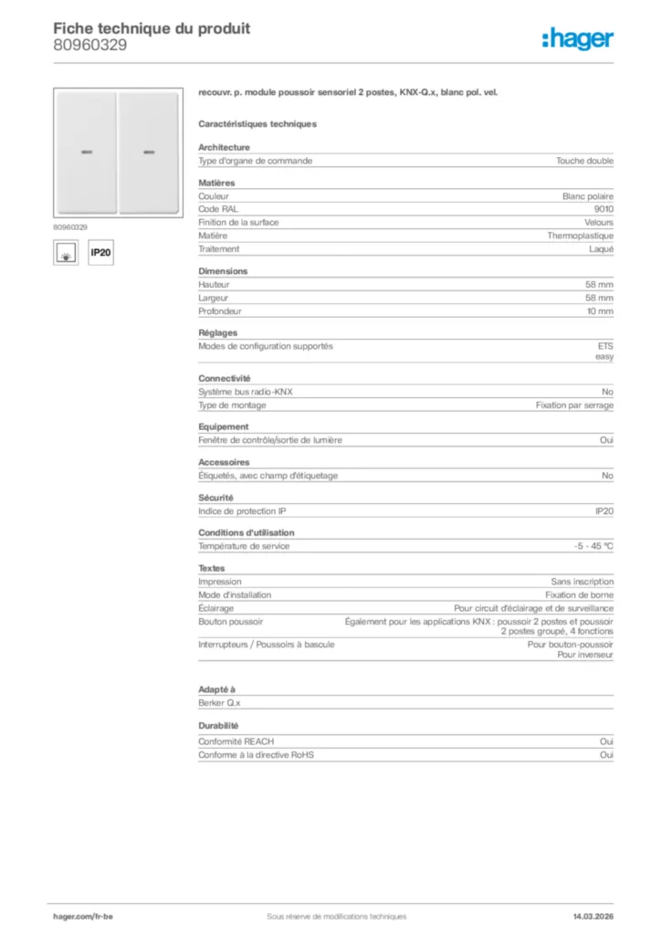 Image Hager Fiche technique du produit 80960329 | Hager Belgique