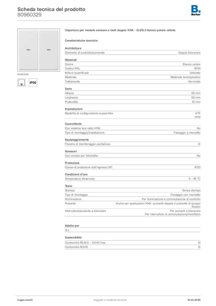 Immagine Berker Scheda tecnica del prodotto 80960329 | Hager Italia